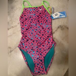 TYR The Finals Pink & Teal Heart Foil Print Women's One Piece Swimsuit Size 30